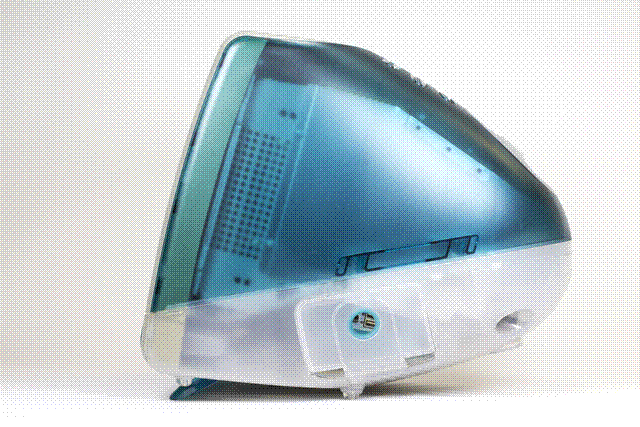 Side view of a bondi blue Apple iMac G3 computer